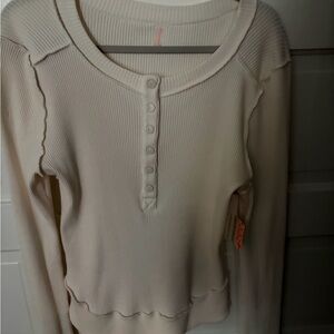 Free People Women's Cream Ribbed Long Sleeve Top